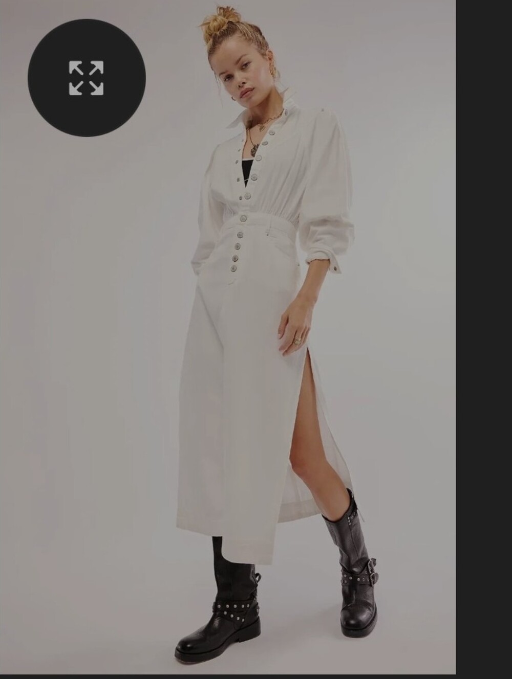 Free People Mad Love Denim White High-Low Button Midi Dress with Side Slit